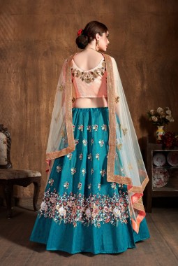 Teal Blue Raw Silk Resham Thread Wedding Lehenga Choli