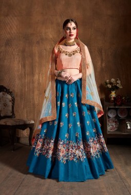 Teal Blue Raw Silk Resham Thread Wedding Lehenga Choli
