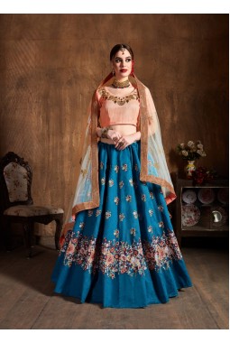 Teal Blue Raw Silk Resham Thread Wedding Lehenga Choli