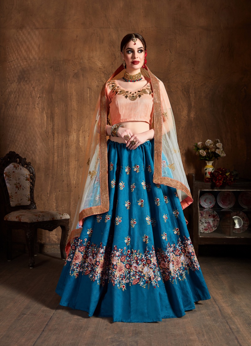 Teal Blue Raw Silk Resham Thread Wedding Lehenga Choli