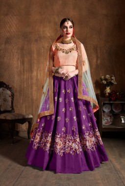Purple Raw Silk Sequins Embroidery Wedding Lehenga Choli