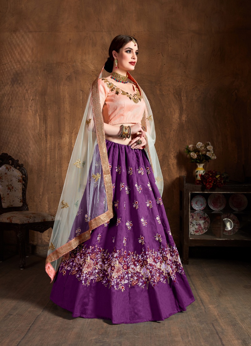 Purple Raw Silk Sequins Embroidery Wedding Lehenga Choli