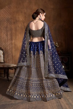 Navy Blue Silk Embroidered Wedding Lehenga Choli
