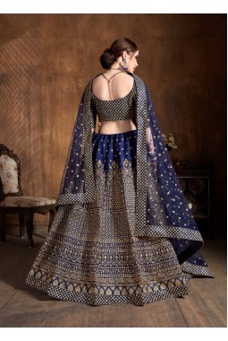 Navy Blue Silk Embroidered Wedding Lehenga Choli