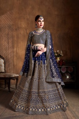 Navy Blue Silk Embroidered Wedding Lehenga Choli