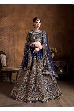 Navy Blue Silk Embroidered Wedding Lehenga Choli