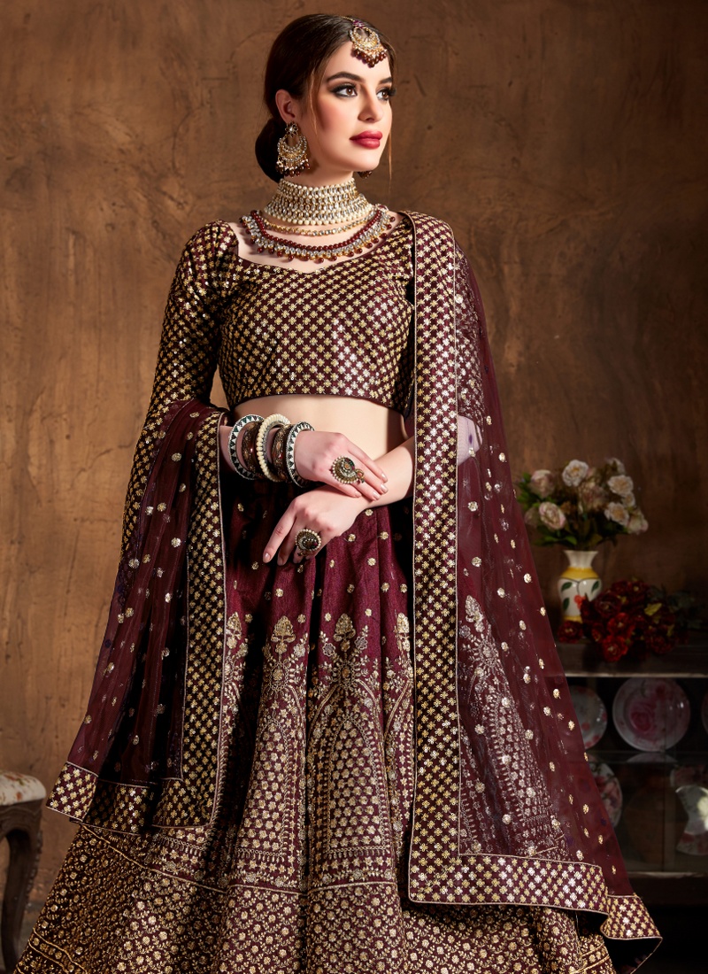 Maroon Raw Silk Zari Embroidery Wedding Lehenga Choli