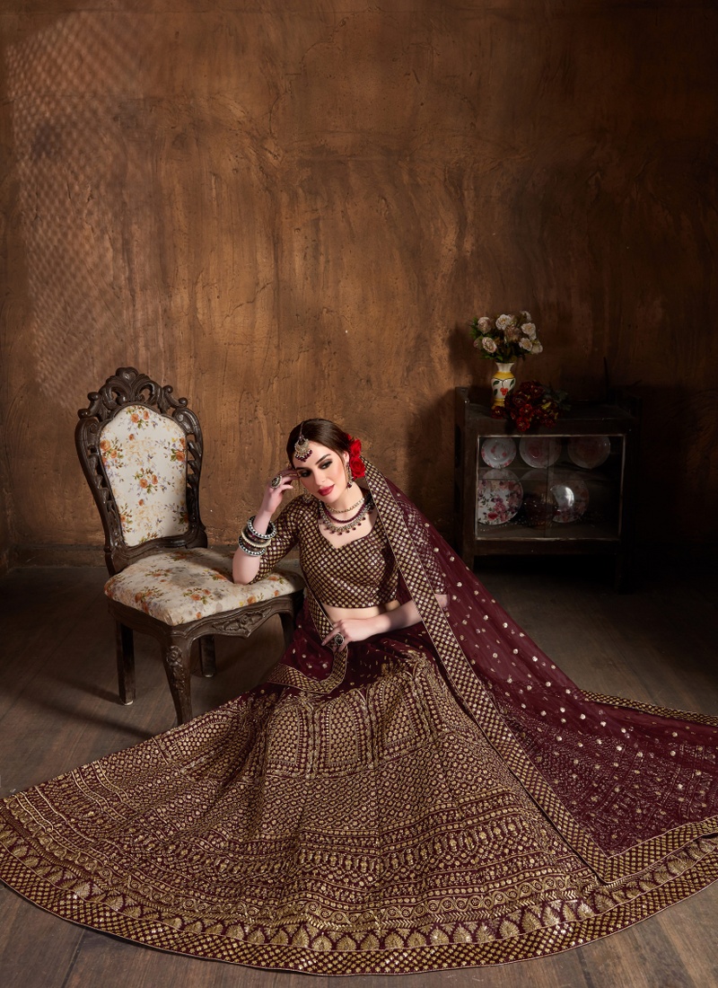Maroon Raw Silk Zari Embroidery Wedding Lehenga Choli
