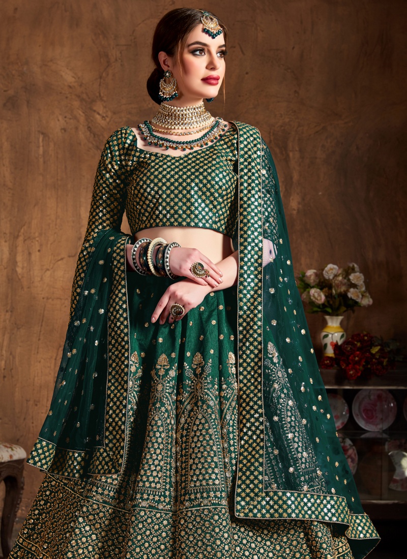 Green Raw Silk Zari Embroidery Wedding Lehenga Choli