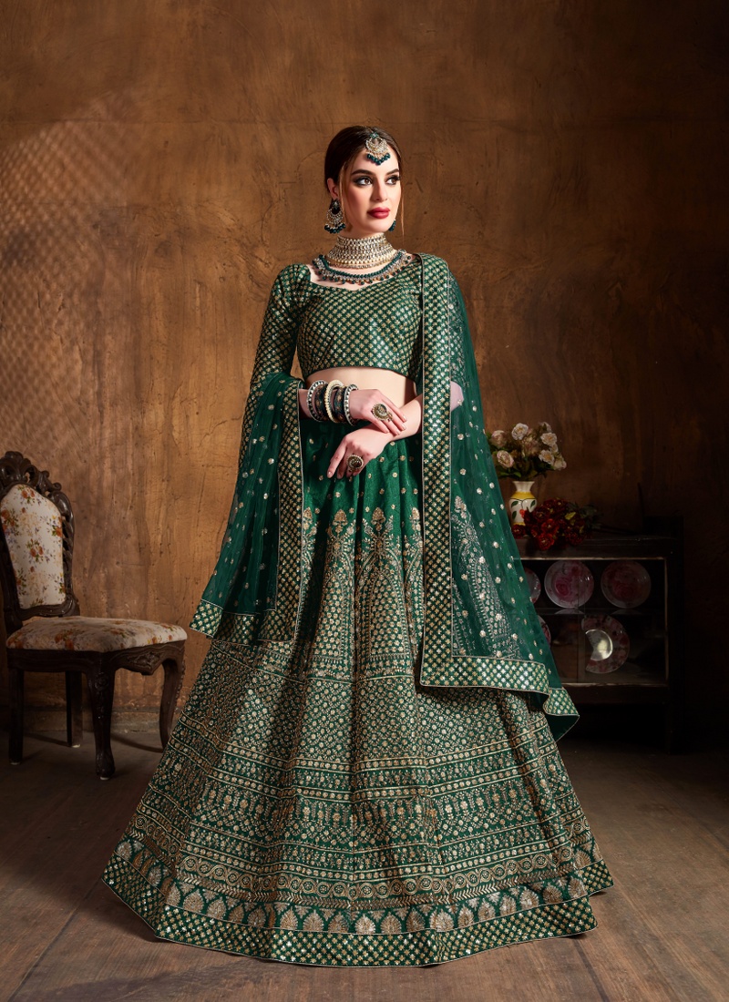 Green Raw Silk Zari Embroidery Wedding Lehenga Choli