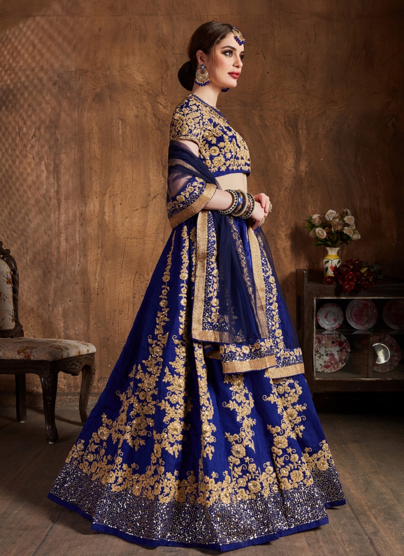 Navy Blue Raw Silk Sequins Wedding Lehenga Choli
