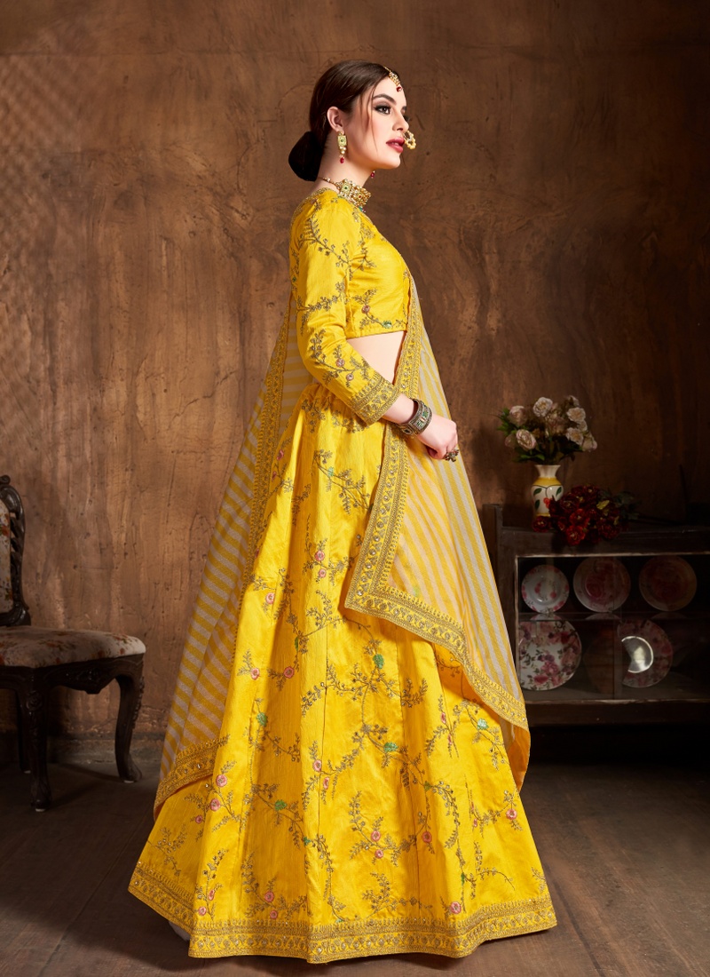 Yellow Mulberry Silk Zari Embroidery Wedding Lehenga Choli