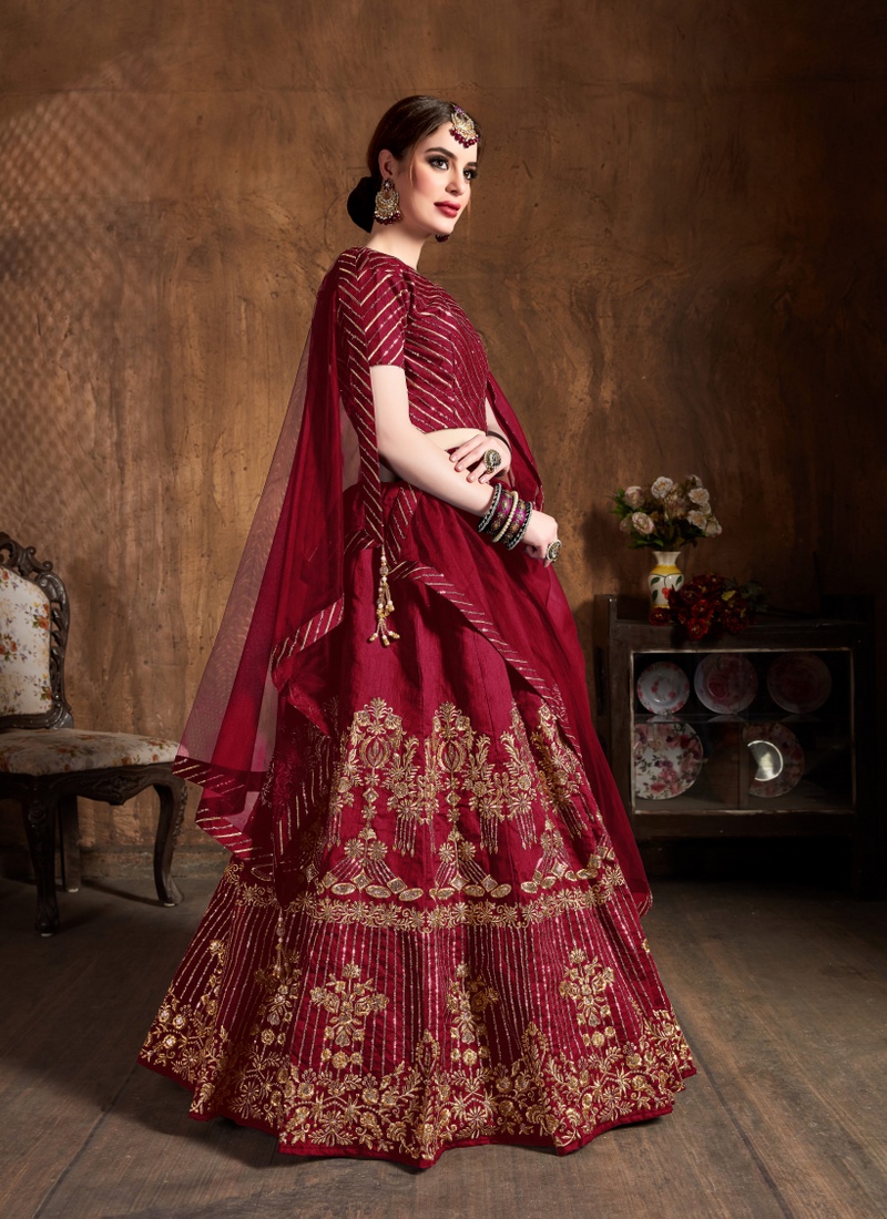 Red Art Silk Zari Work Wedding Lehenga Choli