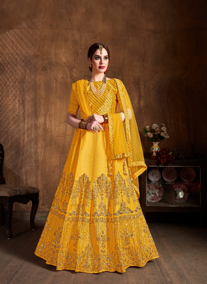 Yellow Art Silk Zari Work Wedding Lehenga Choli