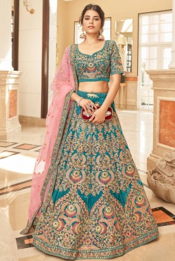 Teal Blue Velvet Thread Embroidery Wedding Lehenga Choli