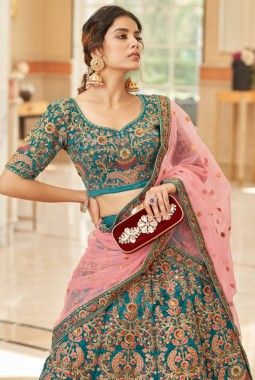 Teal Blue Velvet Thread Embroidery Wedding Lehenga Choli