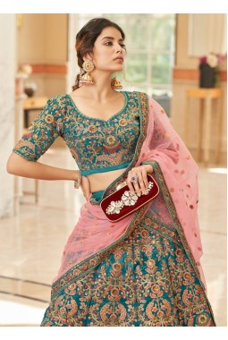 Teal Blue Velvet Thread Embroidery Wedding Lehenga Choli