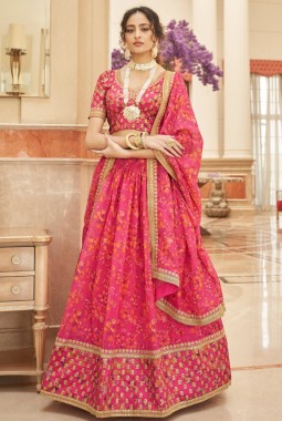 Pink Art Silk Embroidery Wedding Lehenga Choli