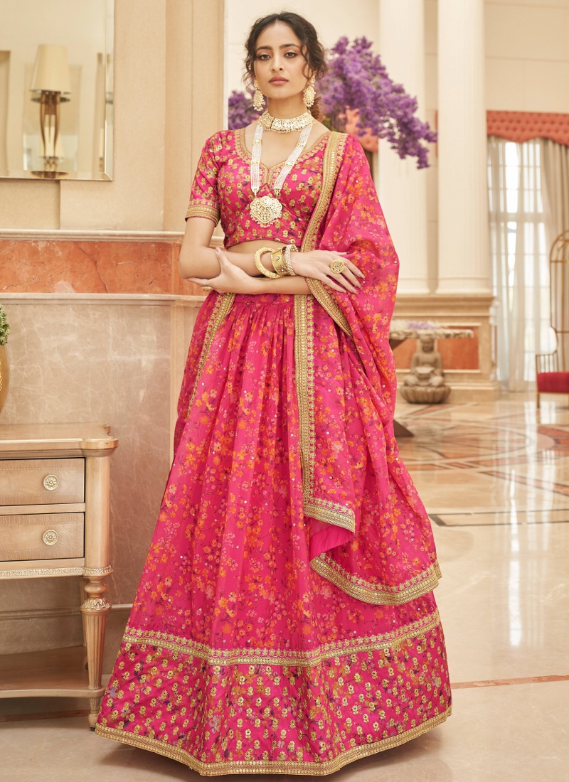 Pink Art Silk Embroidery Wedding Lehenga Choli