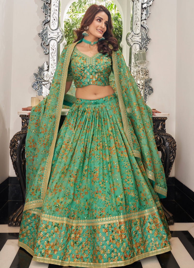 Pista Green Art Silk Sequins Wedding Lehenga Choli