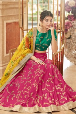 Pink Art Silk Thread Embroidery Wedding Lehenga Choli