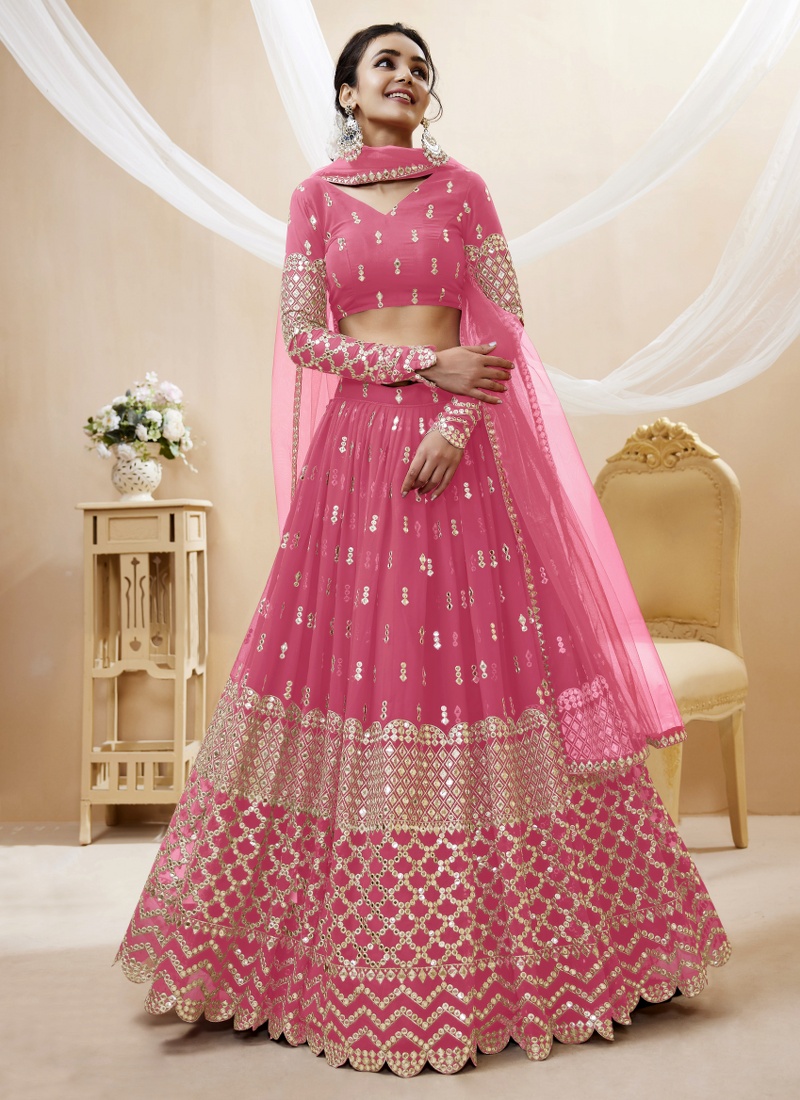 Pink Georgette Zari Work Wedding Lehenga Choli