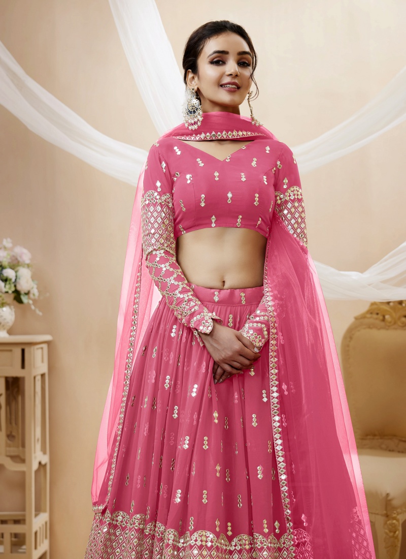 Pink Georgette Zari Work Wedding Lehenga Choli