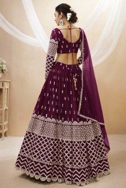 Wine Georgette Zari Work Wedding Lehenga Choli