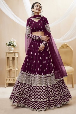 Wine Georgette Zari Work Wedding Lehenga Choli