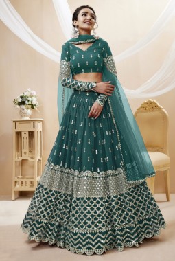 Teal Blue Georgette Embroidered Wedding Lehenga Choli