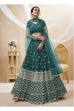 Teal Blue Georgette Embroidered Wedding Lehenga Choli