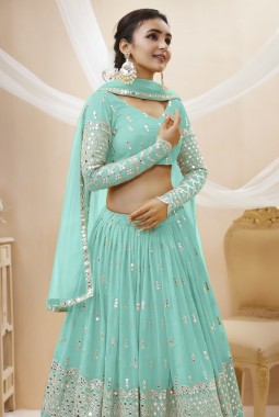 Sky Blue Georgette Embroidered Wedding Lehenga Choli