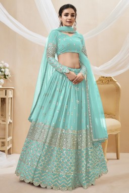 Sky Blue Georgette Embroidered Wedding Lehenga Choli