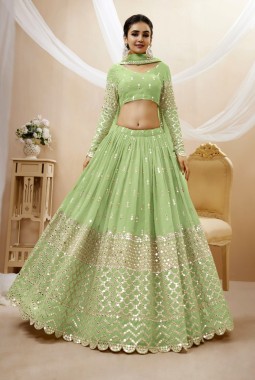 Pista Green Georgette Zari Work Wedding Lehenga Choli