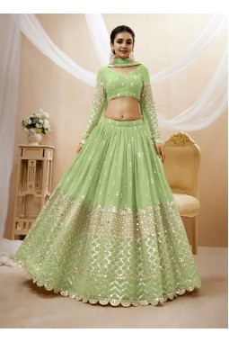 Pista Green Georgette Zari Work Wedding Lehenga Choli