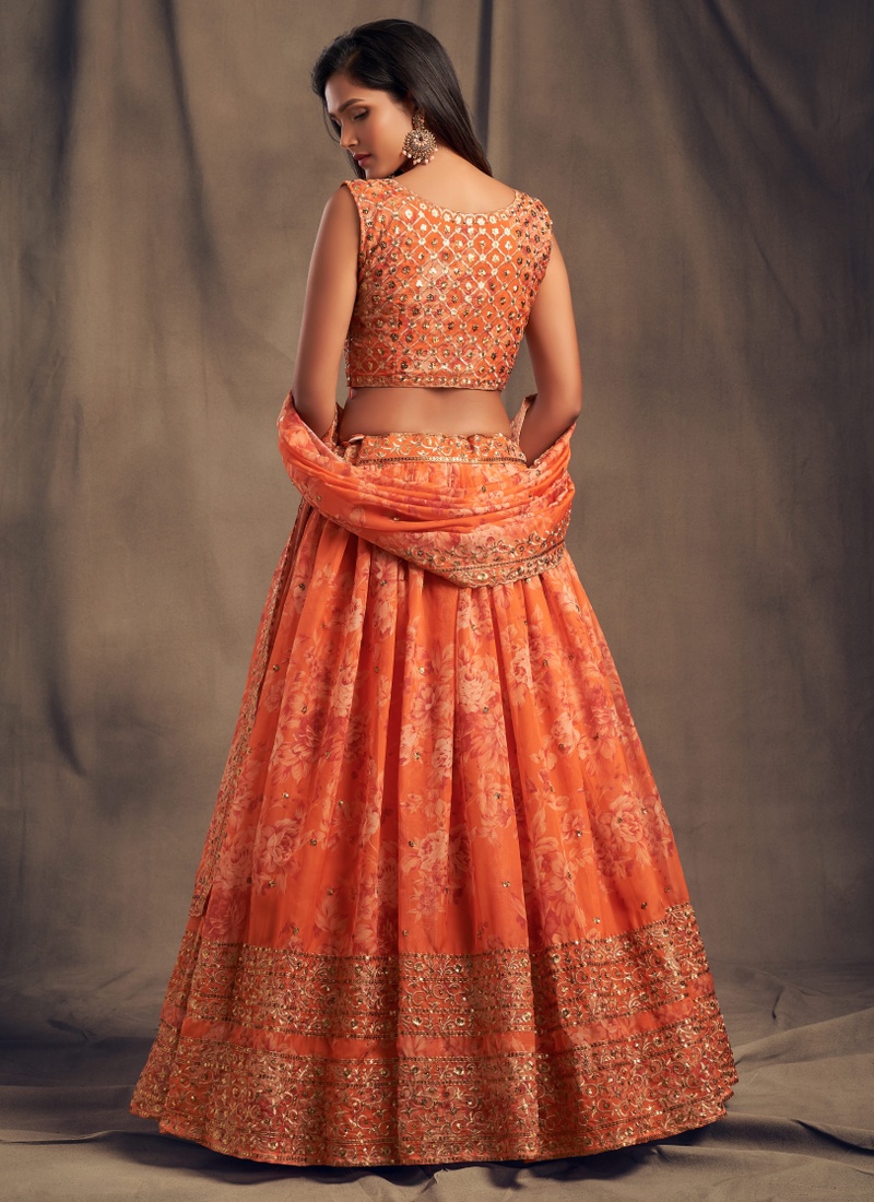 Orange Organza Zari Embroidery Wedding Lehenga Choli