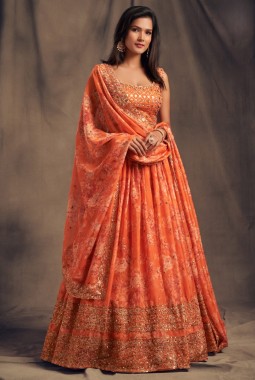 Orange Organza Zari Embroidery Wedding Lehenga Choli