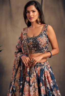 Dove Blue Organza Zari Embroidery Wedding Lehenga Choli