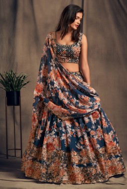 Dove Blue Organza Zari Embroidery Wedding Lehenga Choli