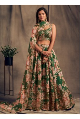 Green Organza Sequins Wedding Lehenga Choli
