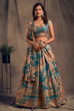Teal Blue Organza Zari Embroidery Wedding Lehenga Choli