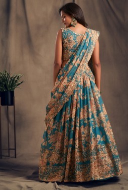 Teal Blue Organza Zari Embroidery Wedding Lehenga Choli