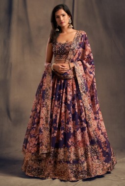 Purple Organza Sequins Wedding Lehenga Choli