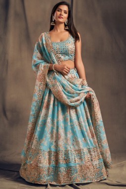 Sky Blue Organza Zari Embroidery Wedding Lehenga Choli