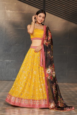 Yellow Georgette Sequins Wedding Lehenga Choli