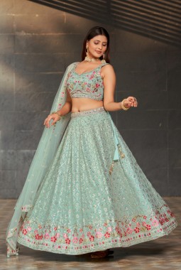 Sky Blue Georgette Mirror Work Wedding Lehenga Choli