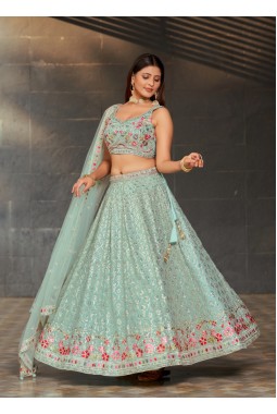 Sky Blue Georgette Mirror Work Wedding Lehenga Choli