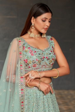 Sky Blue Georgette Mirror Work Wedding Lehenga Choli