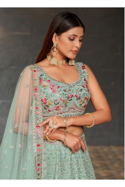 Sky Blue Georgette Mirror Work Wedding Lehenga Choli