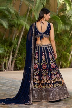 Navy Blue Georgette Multi Color Thread Work Wedding Lehenga Choli